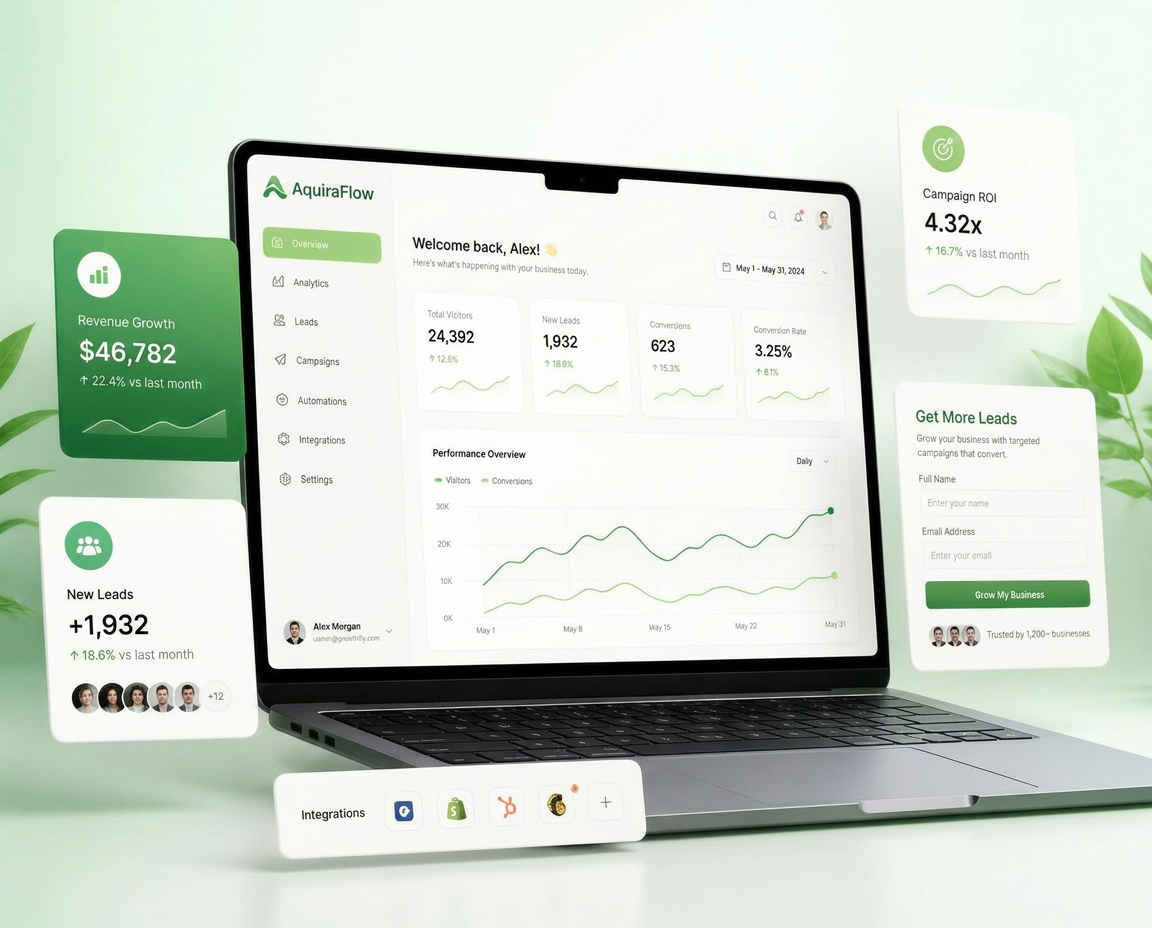 AquiraFlow client dashboard showing website conversion metrics and growth analytics
